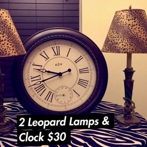 Clock and 2 Leopard lamps